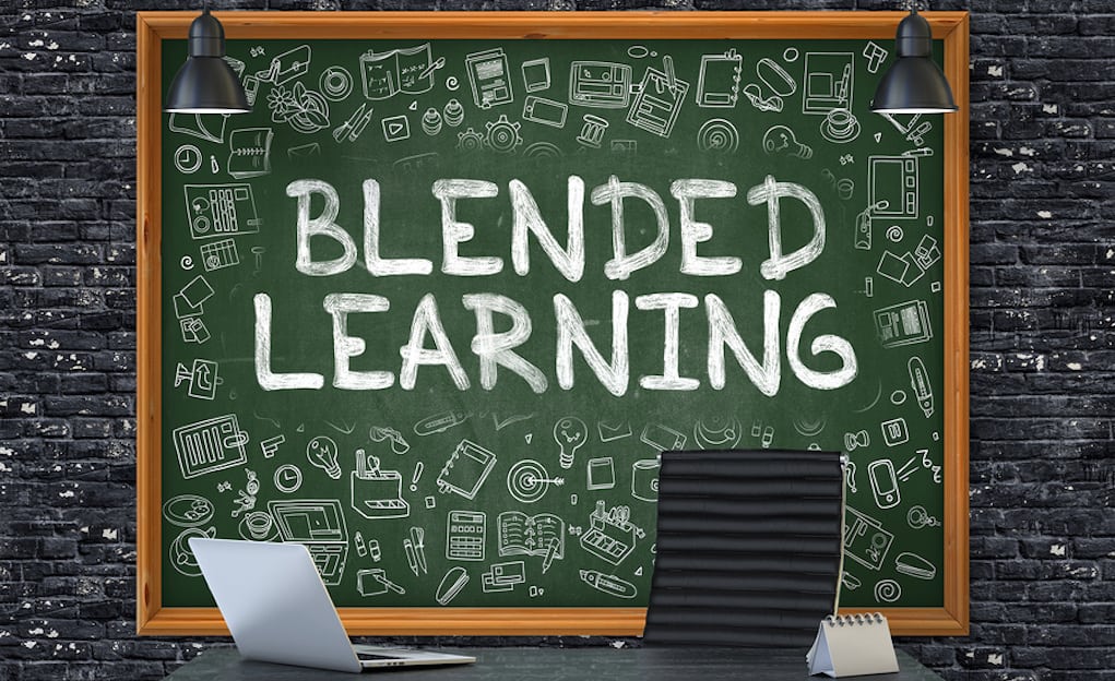 Chalkboard with "blended learning" written on it, which is a concept closely related to the i-ready math program. The chalkboard also has a number of doodles on it.