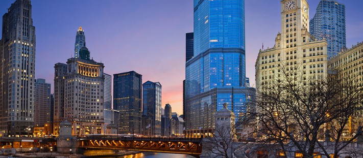 Image of Chicago downtown district at twilight.