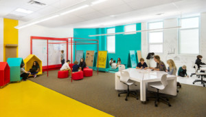 students in classroom with bright colors and good design