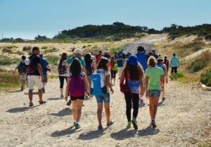 Students walking down path