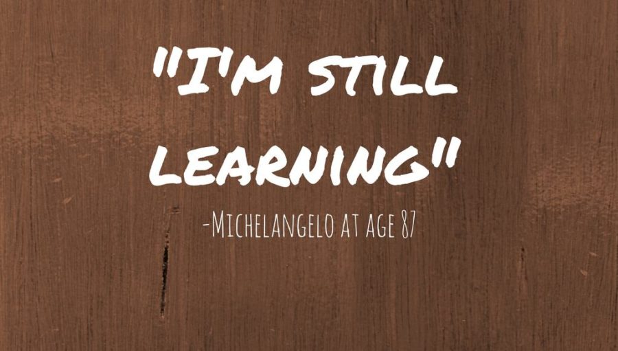 A quote of an illustrated wood background that says "I'm still learning - Michelangelo at age 87"