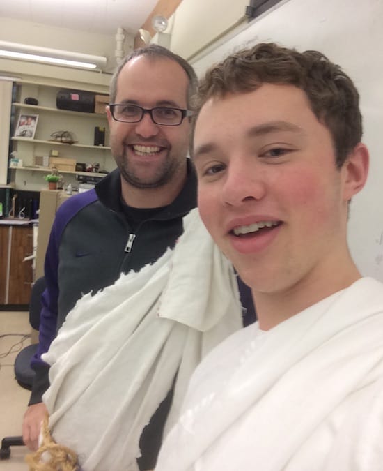 This is a picture of me with my teacher Ryan Lafferty on the day we presented our Roman arches. Extra credit was given for wearing a toga.