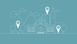 A teal graphic of a town next to a forest with pins marking everywhere place-based professional learning can take place--the same graphic used in the other publications in this series but in a different color