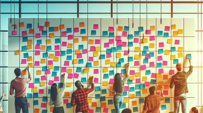 Diverse team of educators collaboratively adding colorful sticky notes to a large planning wall