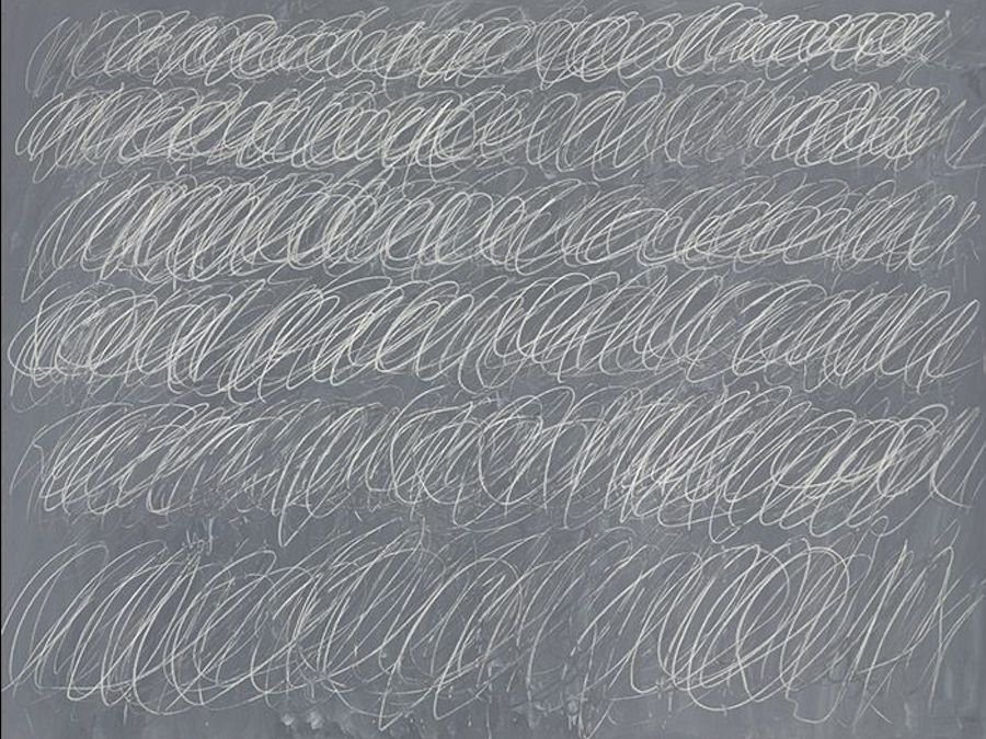 "A blackboard covered in white scribbles" by Cy Twombly