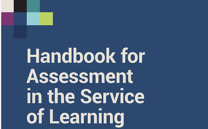 Cover of "Handbook for Assessment in the Service of Learning" with colorful square logo on blue background