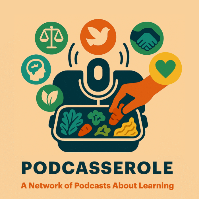 Podcasserole podcast network logo with microphone, casserole dish, and icons for justice, peace, community, wellness, and nature.
