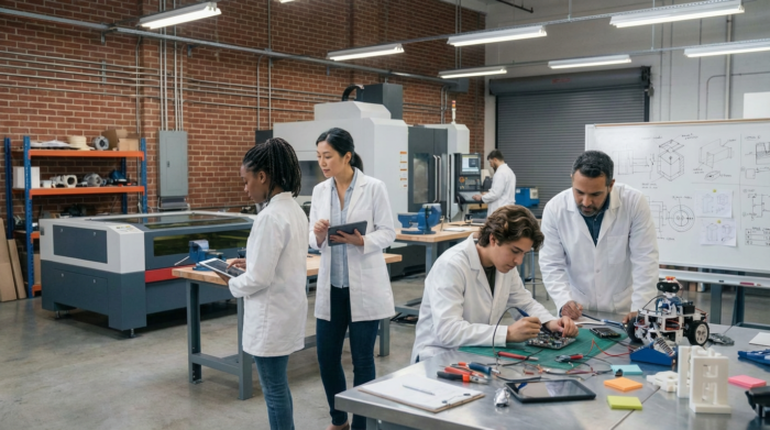Students and instructors in lab coats working on robotics and electronics in a modern manufacturing workshop