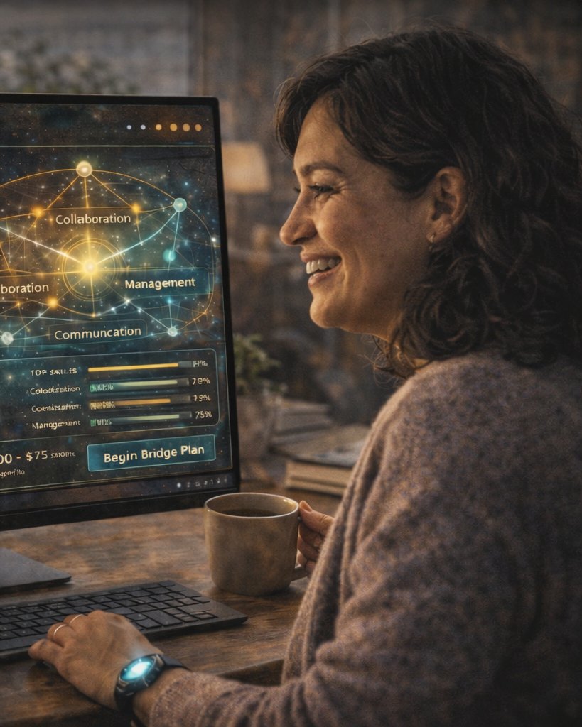 Elena smiling at her skills dashboard, matched to a Director of Logistics role